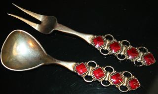 Finn Jensen Norway Gold - Washed Sterling Silver Red Enamel Guilloche Spoon / Fork photo