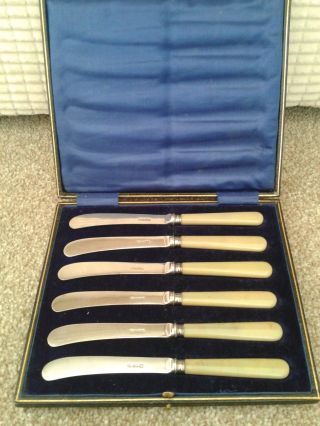 Antique Cased Set Of Silver Butter Knives.  James Deakin 1904.  Unusual Handles. photo