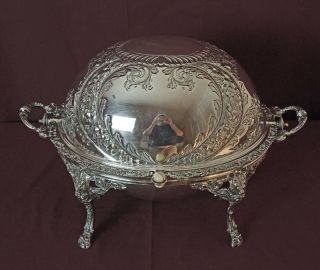Victorian Silver Plated Lion Head & Paw Revolving Dome Serving Dish Magnificent photo