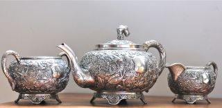 Wang Hing - Fantastic 3 Piece Tea Set - Chinese Export Silver - Prunus & Birds photo