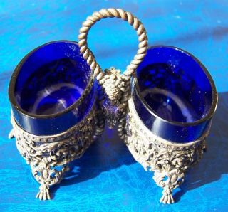 Vintage French Mon Girardin Silver Plated Salt Cellars Cobalt Blue Liners In Vgc photo