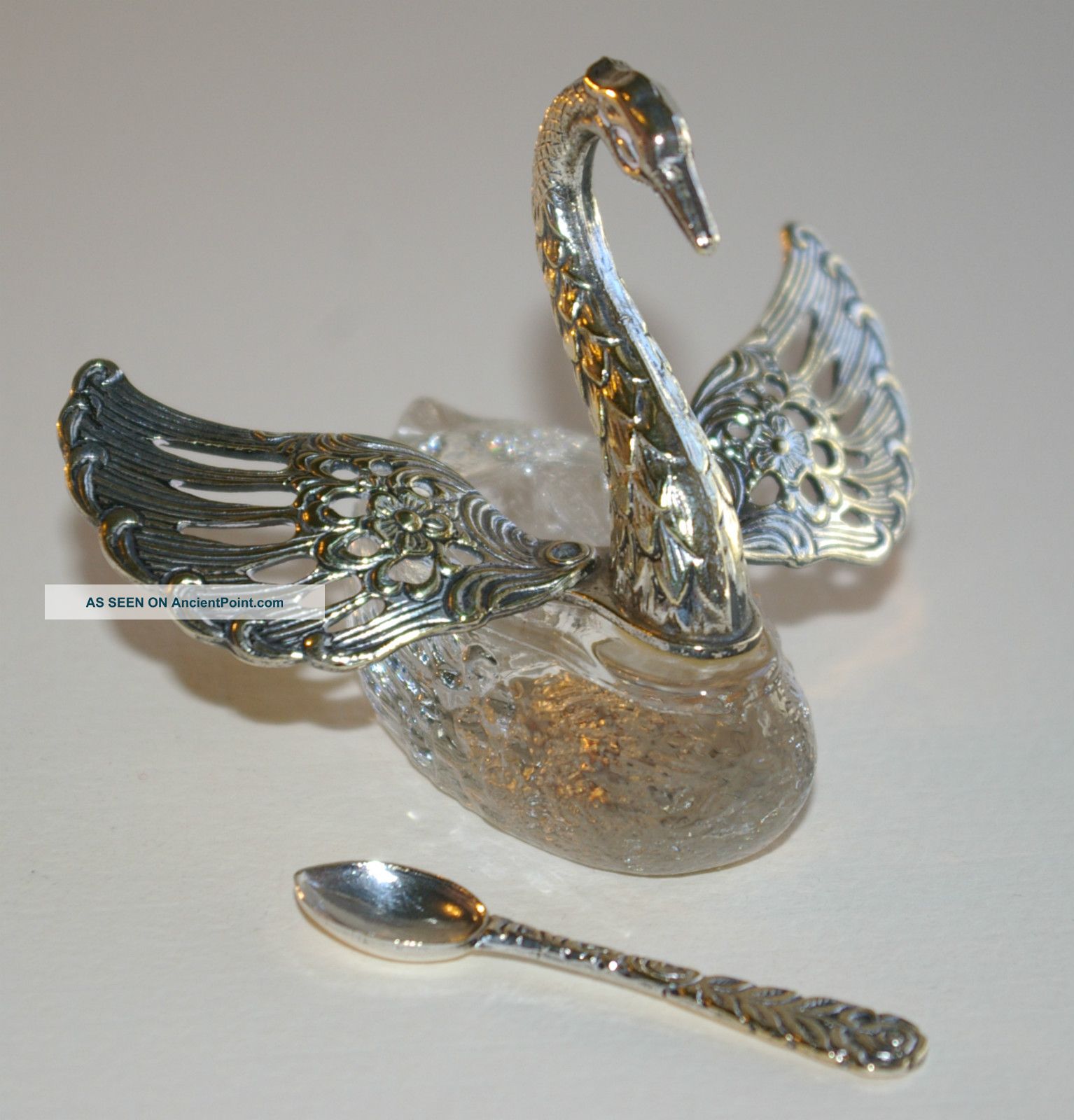 Vintage Glass And Silver Plated Swan Salt Cellar + Matching Spoon Salt & Pepper Cellars/ Shakers photo