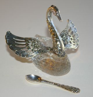 Vintage Glass And Silver Plated Swan Salt Cellar + Matching Spoon photo