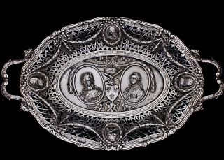 Amazing C1880 Continental Solid Silver King & Queen Figural Serving Bowl Tray photo