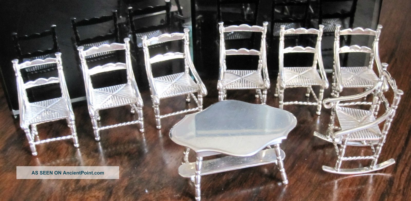 Miniature Solid Silver Furniture Table 7 Chairs 1 Rocking By
