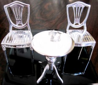 Miniature Solid Silver Furniture Table & 2 Shield - Back Chairs By S J Rose & Sons photo