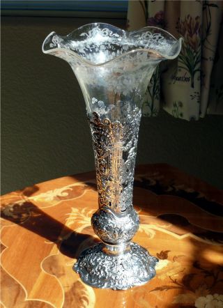 German 800 Silver Trumpet Form Bud Vase W/ Etched Glass Insert Cherubs Ornate photo