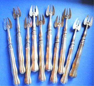 10 - Silverplated Seafood Forks Cocktail Oyster - Antique - Unknown Mark Silver photo