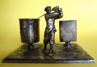 Antique Art Deco Wilcox Silver Plate Figural Golfer Trophy Match Holder Cup Set photo
