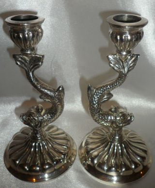 A Pair Of Vintage Heavy Beautifully Cast Fish Design One Piece Candlesticks photo