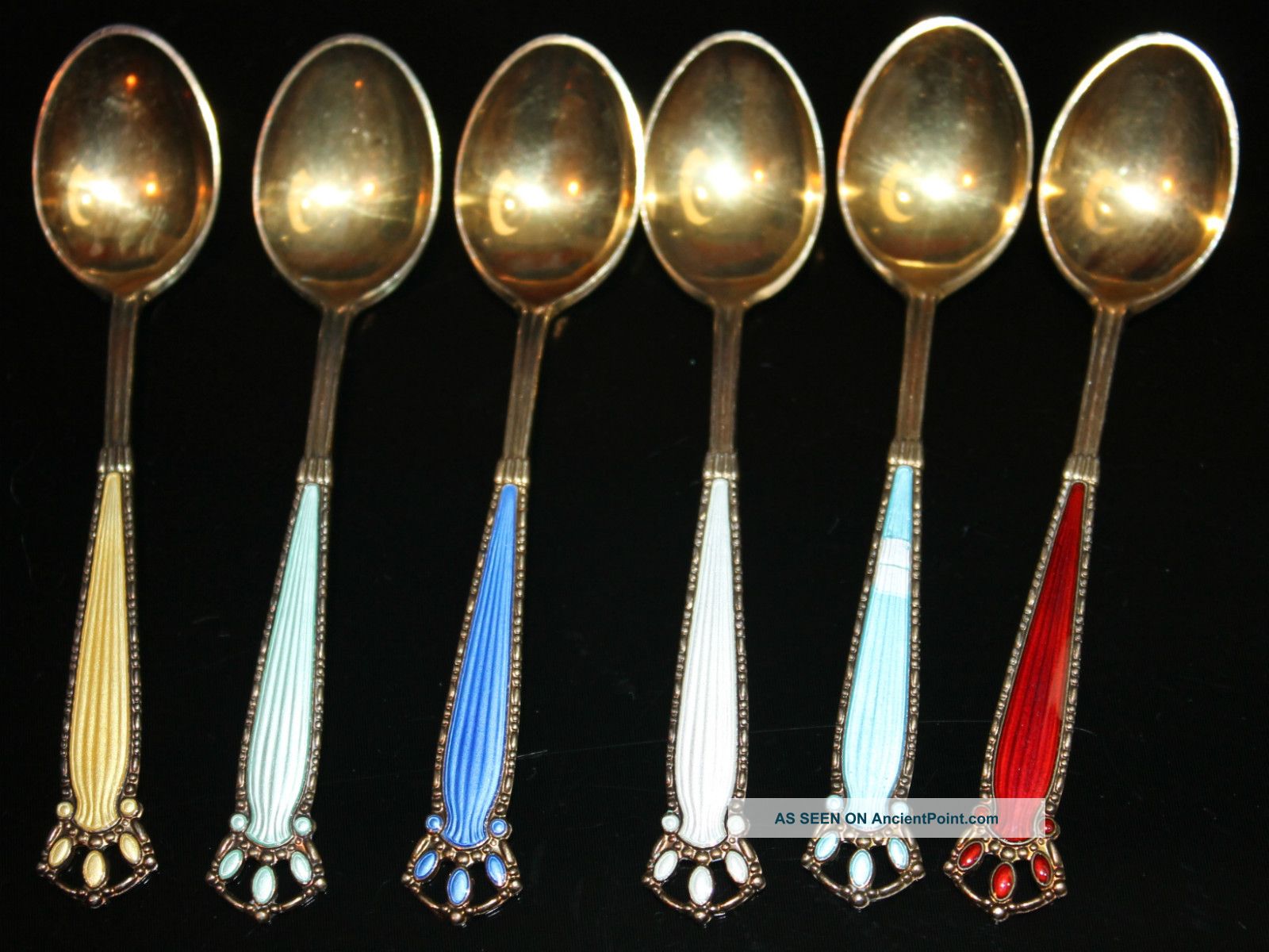 Finn Jensen Norway 6x Gold - Washed Sterling Silver Multicolored Guilloche Spoons Scandinavia photo