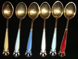 Finn Jensen Norway 6x Gold - Washed Sterling Silver Multicolored Guilloche Spoons photo