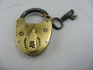 Antique Victorian Brass And Steel Padlock Marked 