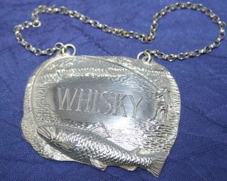 Unusual Vintage Fishing Solid Silver Whisky Decanter Label By Mappin & Webb photo