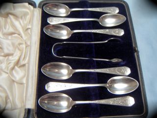 Victorian Cased Set 6 Ornate Scottish Solid Silver Spoons & Tongs 1894 photo