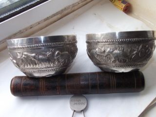 Fine 19c Pair Of Silver Repousse India Burmese 4 Inch Bowls Elephant Designs photo