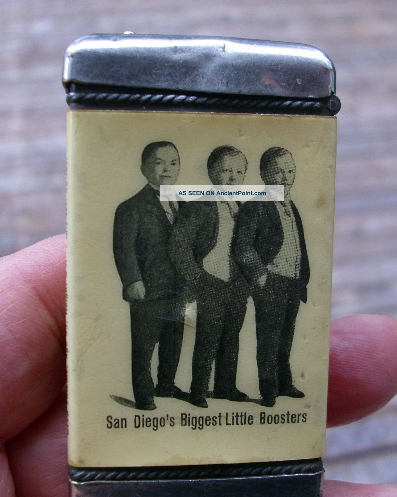 Antique,  Historic San Diego,  Celluloid Advertizing Vesta/matchsafe.  Piccolo Midgets Cigarette & Vesta Cases photo