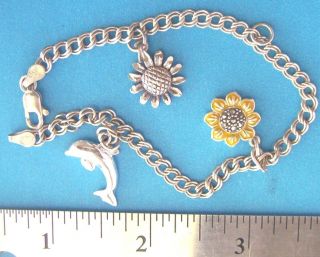 Sterling Silver Charm Bracelet W3 Charms - 2 Sunflowers &1 Dolphin Charm photo