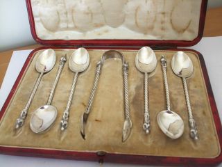 Antique Silver Heavy Quality 6 Apostle Tea Spoons & Tongs 1902 By Mappin & Webb photo
