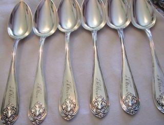 6 Albert Coles Coin Silver Serving Spoons Leaf Scroll & Shell 8 - 3/4 