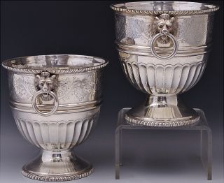 Finest Birks Portuguese Sterling Silver Etched Lion Handle Wine Coolers Buckets photo