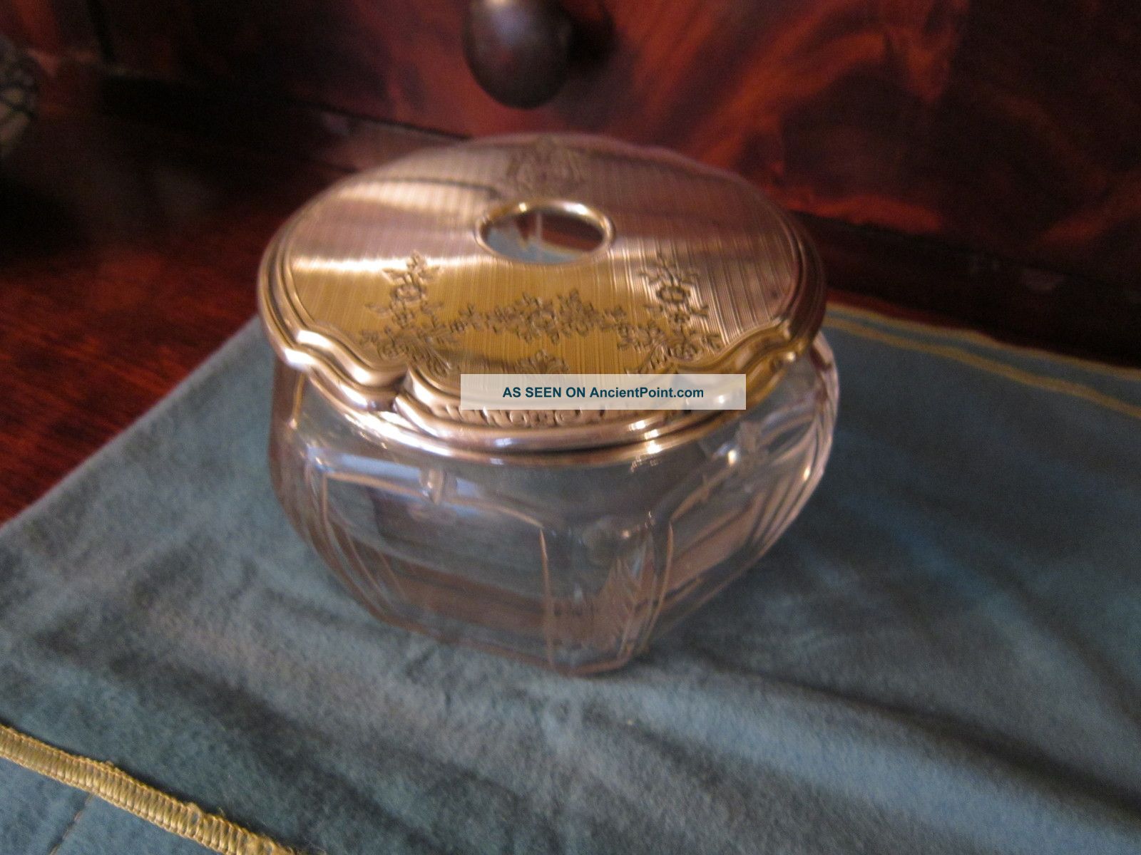 Antique William B.  Kerr Glass Vanity Powder Jar Hair Tidy Sterling Silver Top Other photo