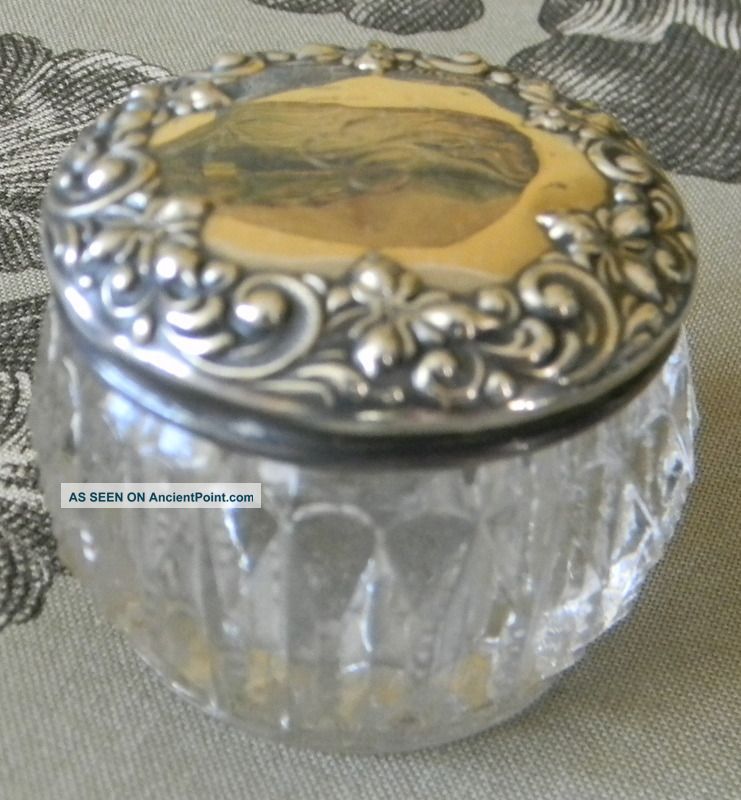 Antq American Brilliant Cut Crystal Sterling Silver Floral Repousse Vanity Jar Boxes photo