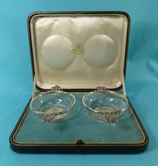 Pr Victorian Sterling Silver Glass Quaichs Bowls Case William Comyns 1894 photo