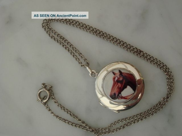 Solid Sterling Silver Hallmarked Enamel & Silver Horse Locket & Silver Chain Brooches/ Jewellery photo