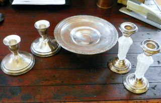 5 Pieces Of Sterling Silver: 4 Candle Holders & 1 Pedestal Mint Dish - 1522g/54oz photo
