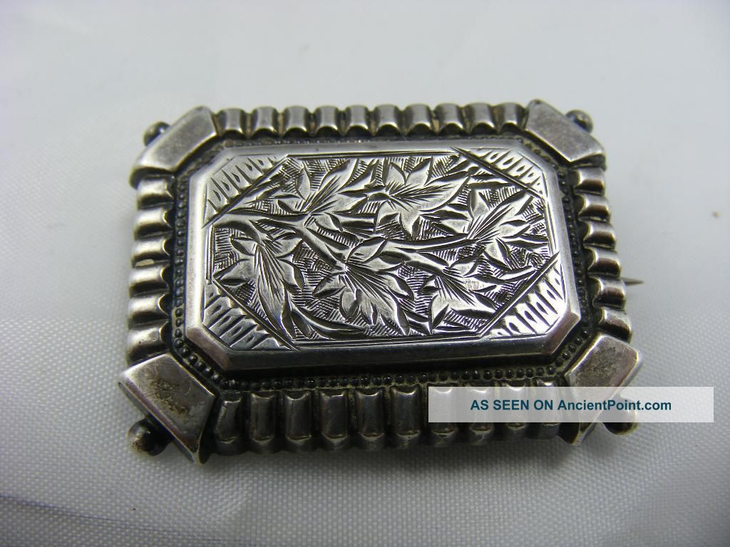 Antique Victorian Solid Silver Engraved Front Pin Brooch Uncategorized photo