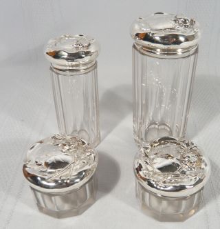 4 Art Nouveau Sterling Silver Matching Dresser Powder Jars Bottles Roses Antique photo