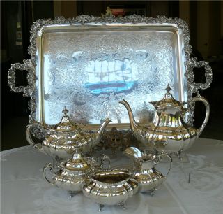 5 - Pc Reed & Barton Hampton Court Sterling Tea / Coffee Set + Eg Webster Sp Tray photo