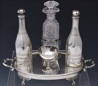 Most Unusual Victorian Silver Plate Figural Champagne Bottle Glass Condiment Set photo