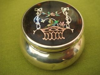 Solid Sterling English Hallmarked 1907 Faux Tortoiseshell Silver Gold Inlay Pot photo