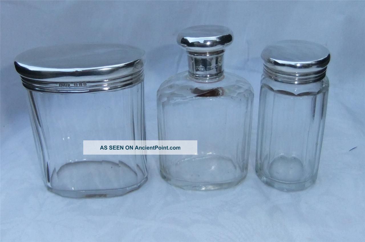 Three Vintage Solid Silver Topped Glass Gents Vanity Grooming Pots Uncategorized photo