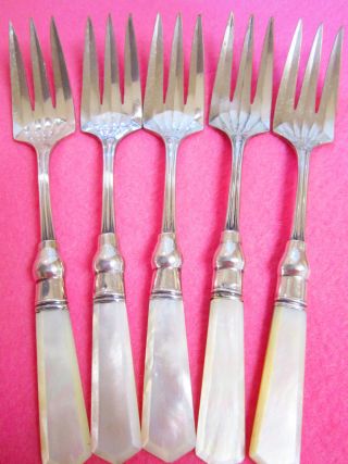 5 Antique Mother - Of - Pearl & Sterling Dessert / Salad Forks Silverware Pretty photo