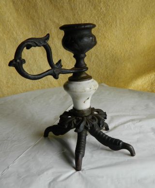 Rare Antique 1800 ' S Cast Iron & Porcelain Candle Stick - - - - Chicken Footed Base photo