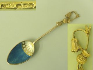 Scottish Blue Bell & Thistle Solid Silver Souvenir Enamel Bowl Spoon.  1912 photo