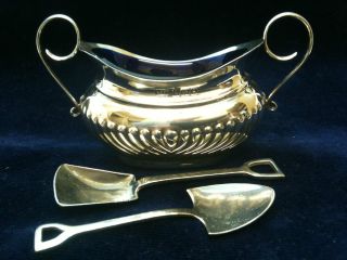 Antique Solid Silver Twin Handled Mustard Pot & 2 Spoons Ref 399 photo