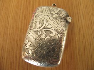 Antique Silver Vesta Case,  Hand Engraved,  Chester Hallmark 1908 photo