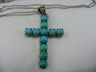 Antique Solid Sterling Silver Turquoise Gem Set Cross Pendant Religious Prayer photo