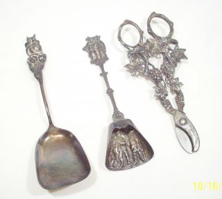 Vintage Holland America Grape Scissors + Antique Silver Dutch Tea Caddy Spoon photo