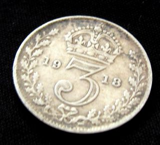 Solid Silver Threepence 1918 Coin Antique Ii Vintage English Old World War I Uk photo