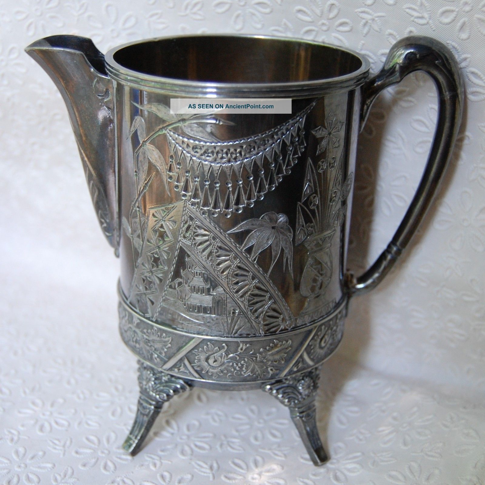 Antique 1890s Aurora Silver Japanese Aesthetic Pitcher Victorian Gothic Pitchers & Jugs photo