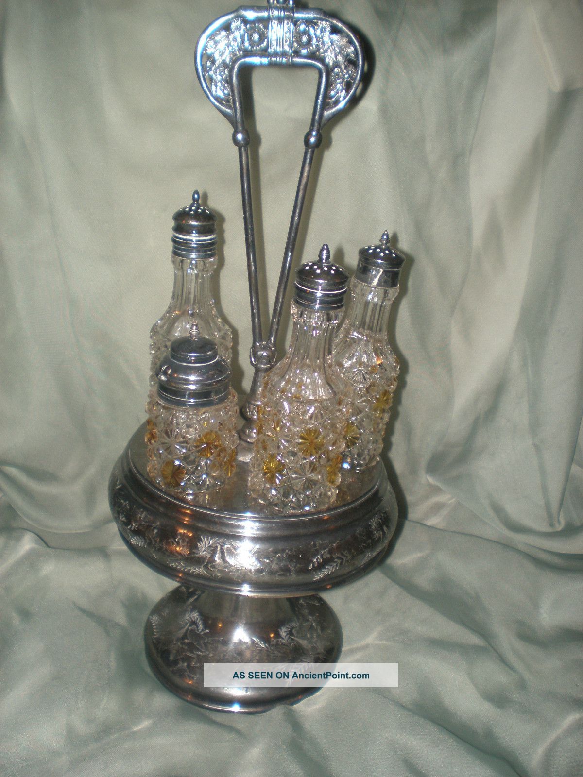 Meriden Antique Silver Plate Condiment Server Caddy Cut Glass Victorian Bottles, Decanters & Flasks photo