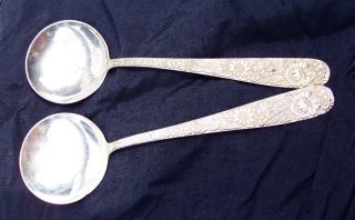 2 Kirk Repousse Sterling Silver Cream Soup Spoons Vintage Flatware photo
