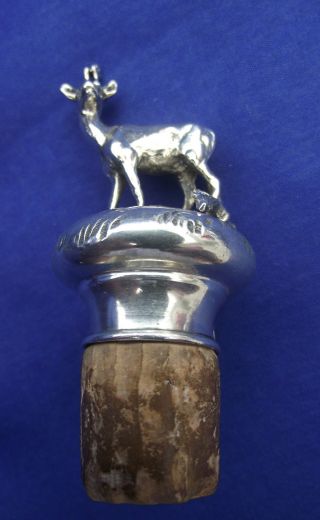 Antique (1898) Silver /cork / Bottle Stopper.  With A Deer Decoration On The Top photo