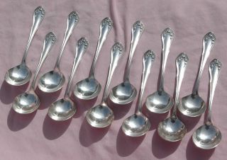 Dozen Bridal Rose Round Bowl Bouillon Soup Spoons Oneida Community Silver Plate photo