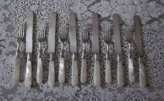 12 Matching Mother Of Pearl Sterling Silver Collar Knives Knifes And Forks Set photo